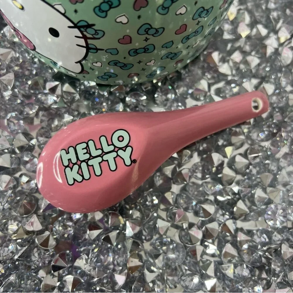 Hello Kitty mug cup with spoon matching attached Green Mug with Pink Spoon